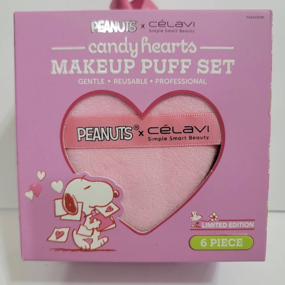 Peanuts x Celavi Hearts Makeup Puff Set 6 Pc Limited Edition Pink Heart Reusable